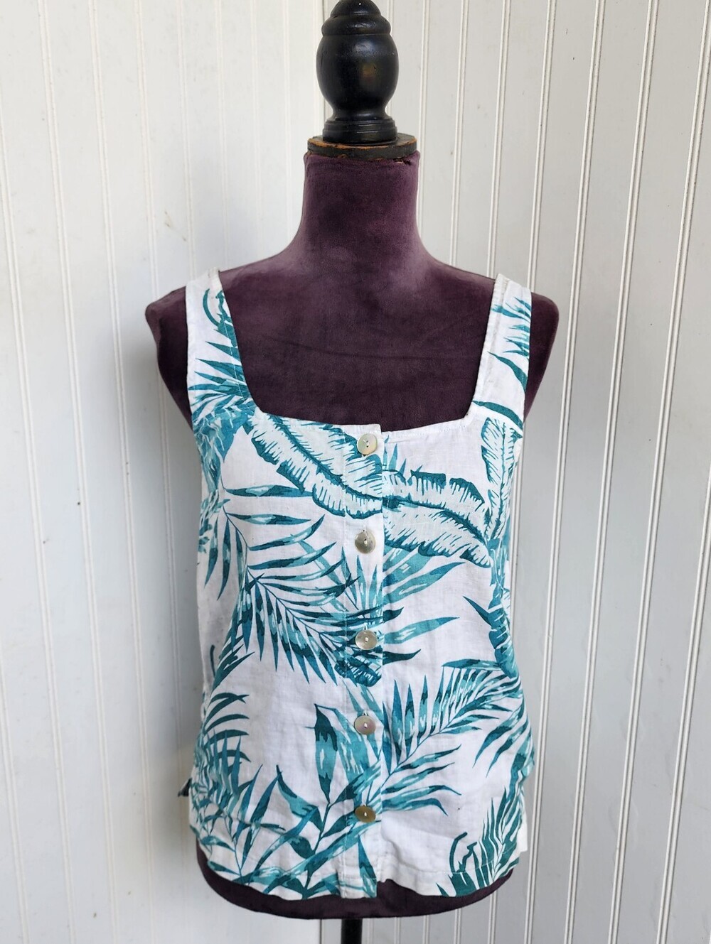 C & C California 100% Linen Tropical Print White Green Women’s Shirt Pearl XS